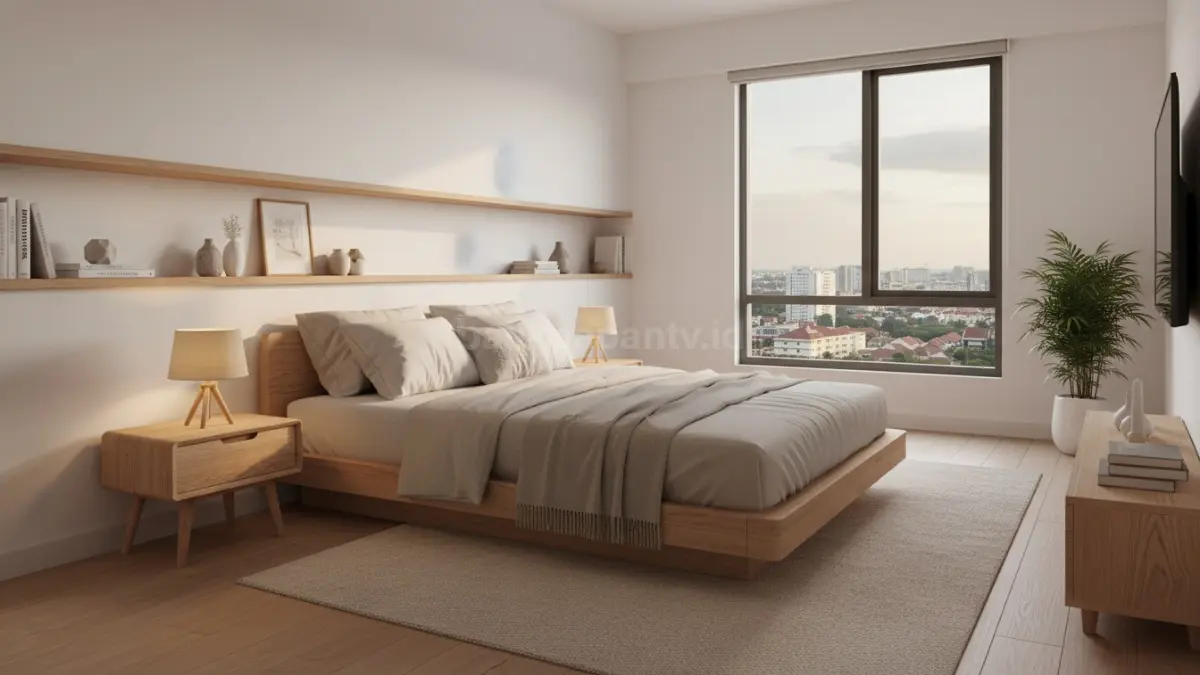 Kamar tidur Japandi cozy warna natural dengan furniture rendah untuk rumah kecil modern 2026 (BTV/Ai)