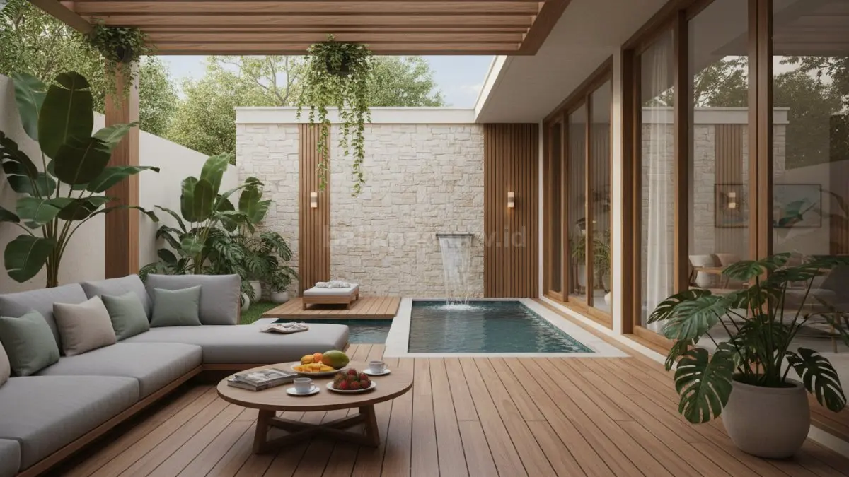 Rumah semi outdoor modern tropis dengan teras hijau dan ruang santai adem bikin betah. (BTV/Ai)