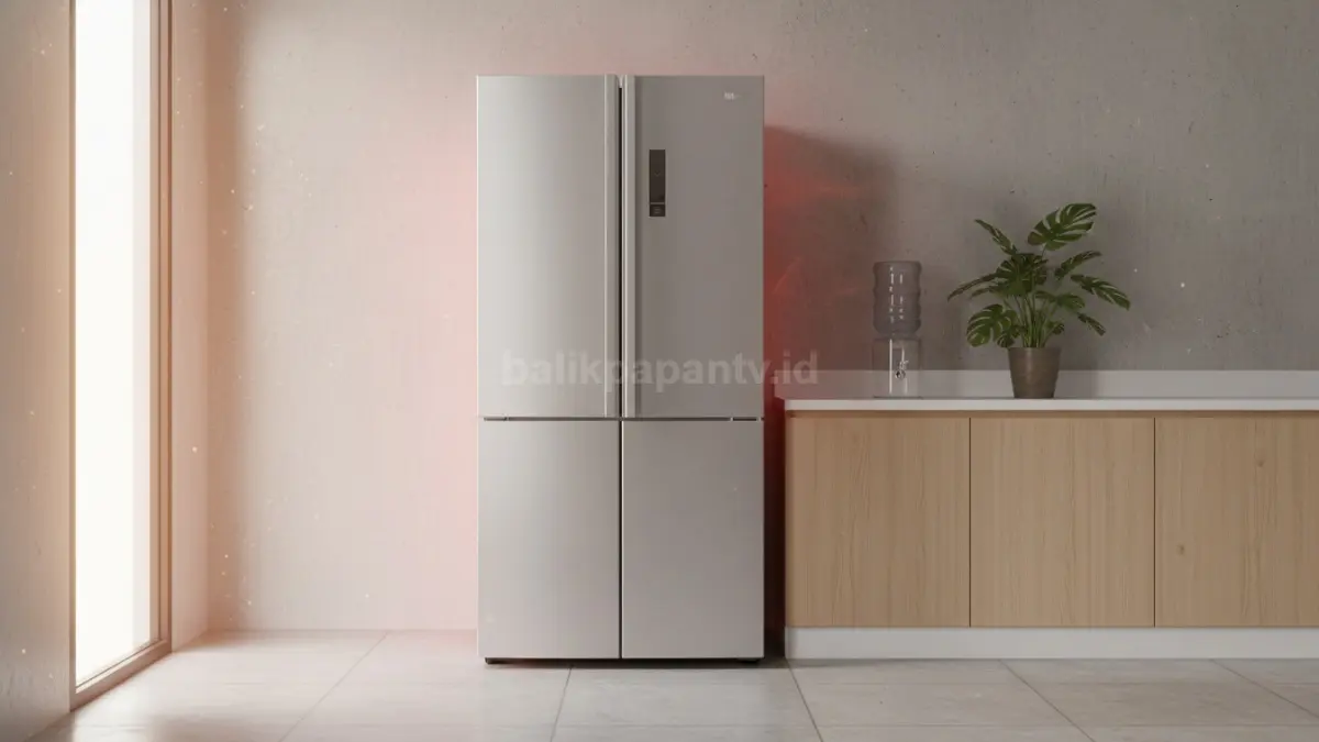 Kulkas rumah di dapur minimalis dengan posisi terlalu rapat ke dinding penyebab mesin cepat panas
