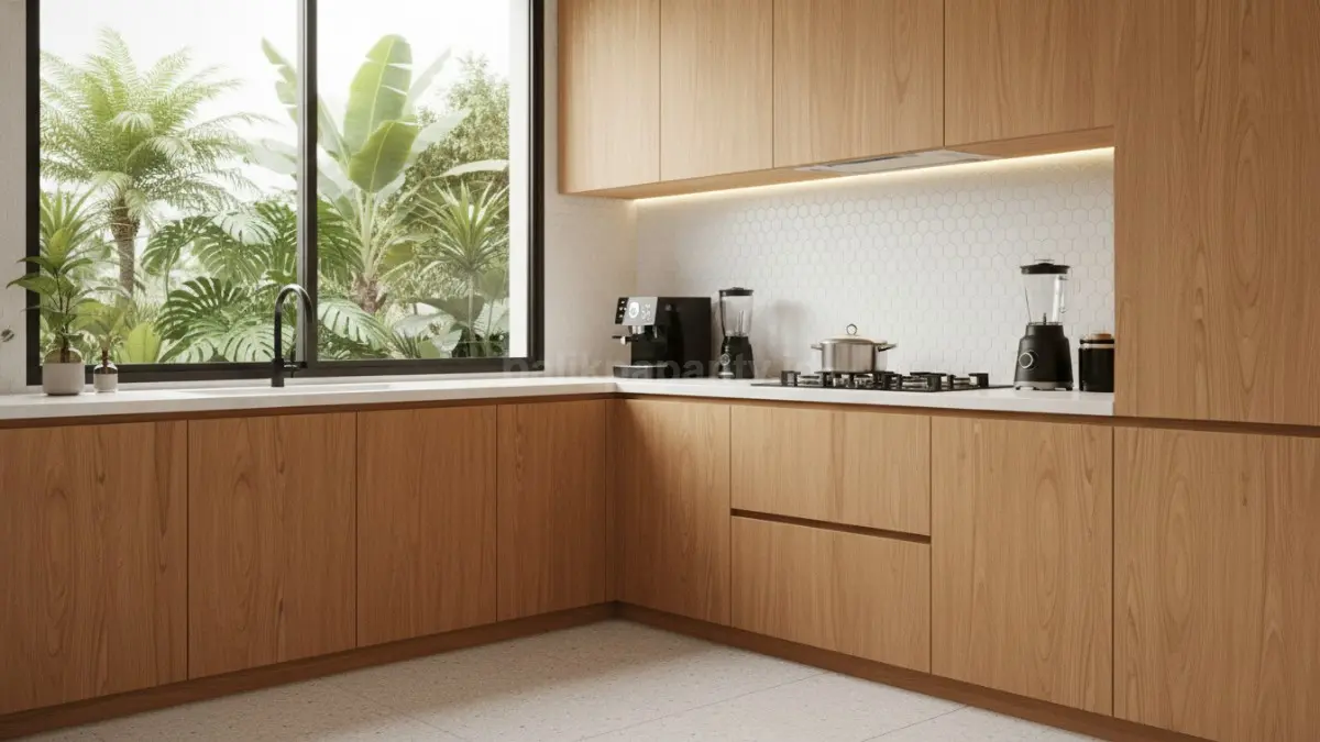 Lemari dapur kayu natural clean look menjadi pilihan populer rumah modern hangat, rapi, dan minimalis.
