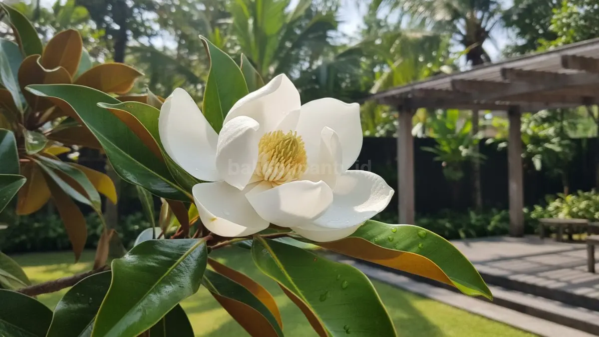 Magnolia tropis berbunga harum putih elegan, cocok mempercantik taman rumah bernuansa natural tropis modern sejuk.
