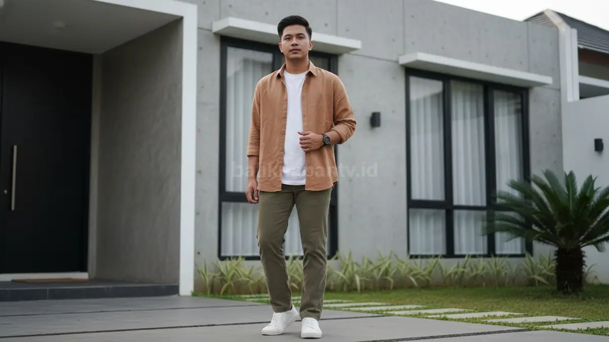 Outer overshirt warna earth tone dipadukan kaos polos untuk gaya remaja masa kini
