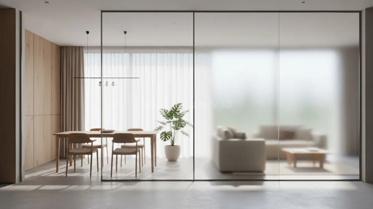 Panel kaca transparan atau frosted sekat ruang, jaga cahaya, privasi, dan kesan luas minimalis.
