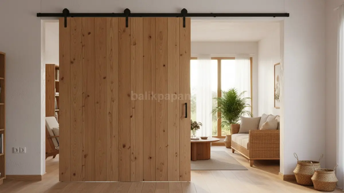 Papan kayu atau partisi sliding beri privasi, fleksibel, dan ciptakan nuansa hangat natural rumah.
