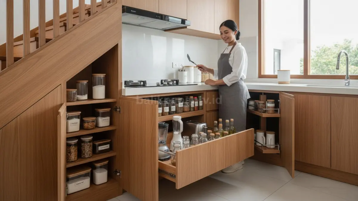 Penyimpanan tersembunyi manfaatkan ruang sempit, rapikan dapur, dan percepat aktivitas masak.
