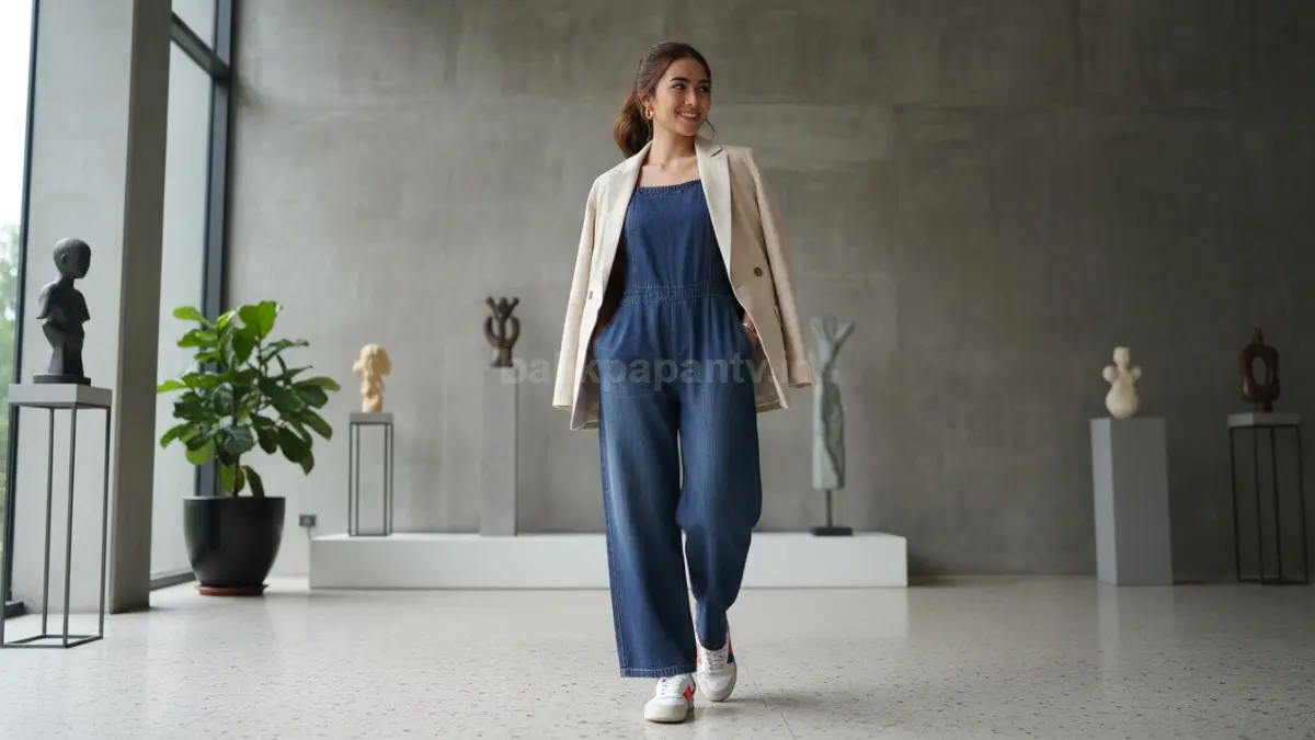 Perpaduan jumpsuit chic dengan sneakers dan blazer untuk tampilan santai sekaligus modern