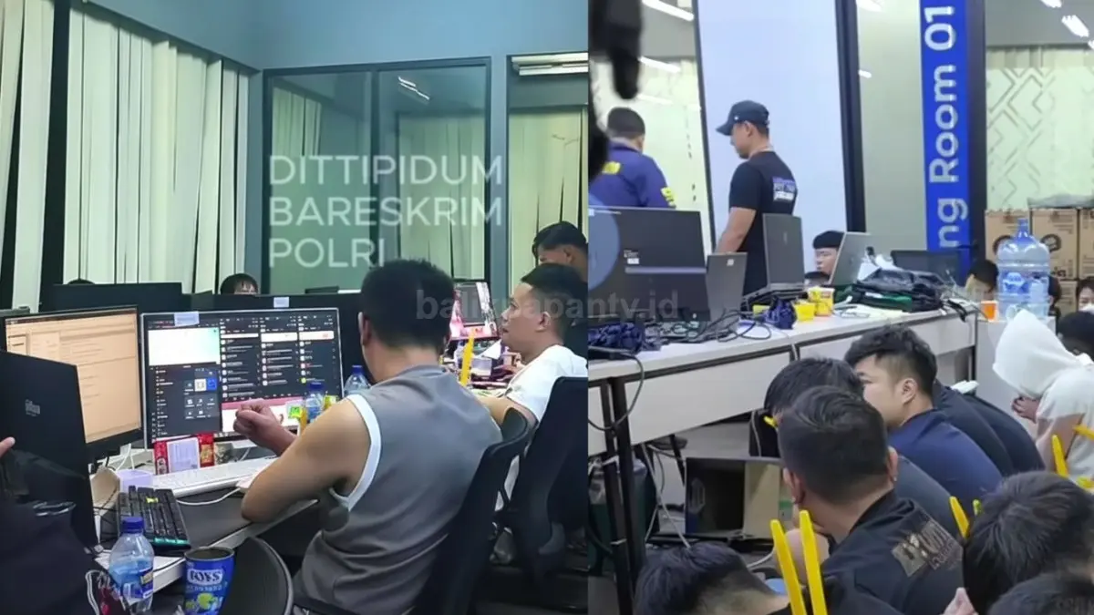 Petugas kepolisian saat mengamankan ratusan WNA dalam penggerebekan judi online di Jakarta Barat. (Bareskrim Polri)