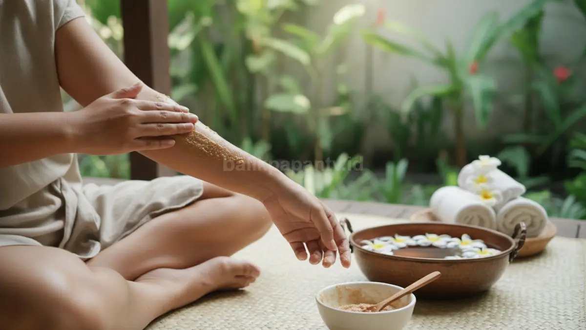 Proses eksfoliasi tubuh menggunakan body scrub untuk mengangkat sel kulit mati penyebab kusam.
