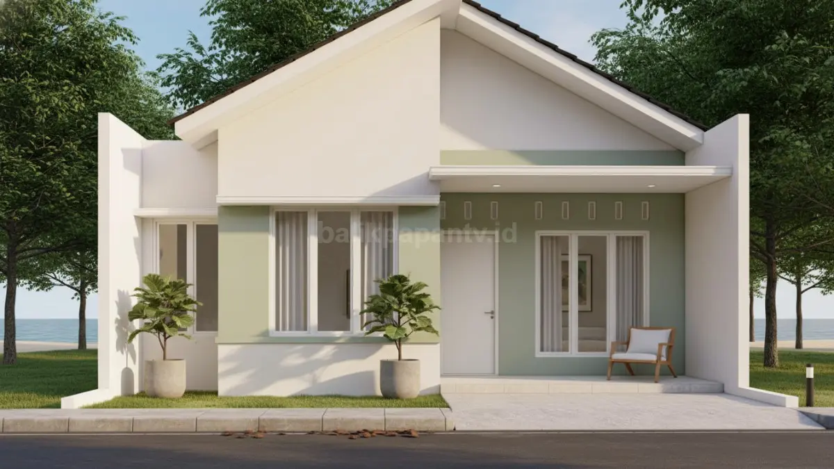 Putih gading dan sage muda hadirkan rumah tropis modern, adem, bersih, tahan debu, elegan alami.
