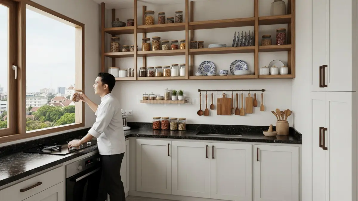 Rak gantung dan kabinet vertikal optimalkan ruang, rapikan peralatan, dan percepat persiapan masak.
