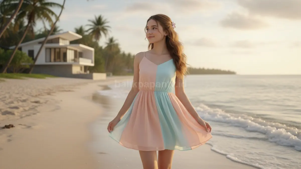 Remaja memakai mini dress warna pastel di pantai tropis saat sore hari, tampil santai dan ringan dipandang
