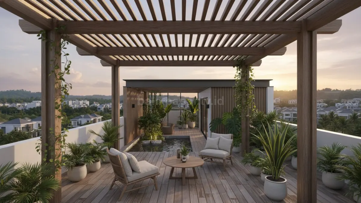 Rooftop garden semi terbuka dengan pergola kayu. (BTV/Ai)