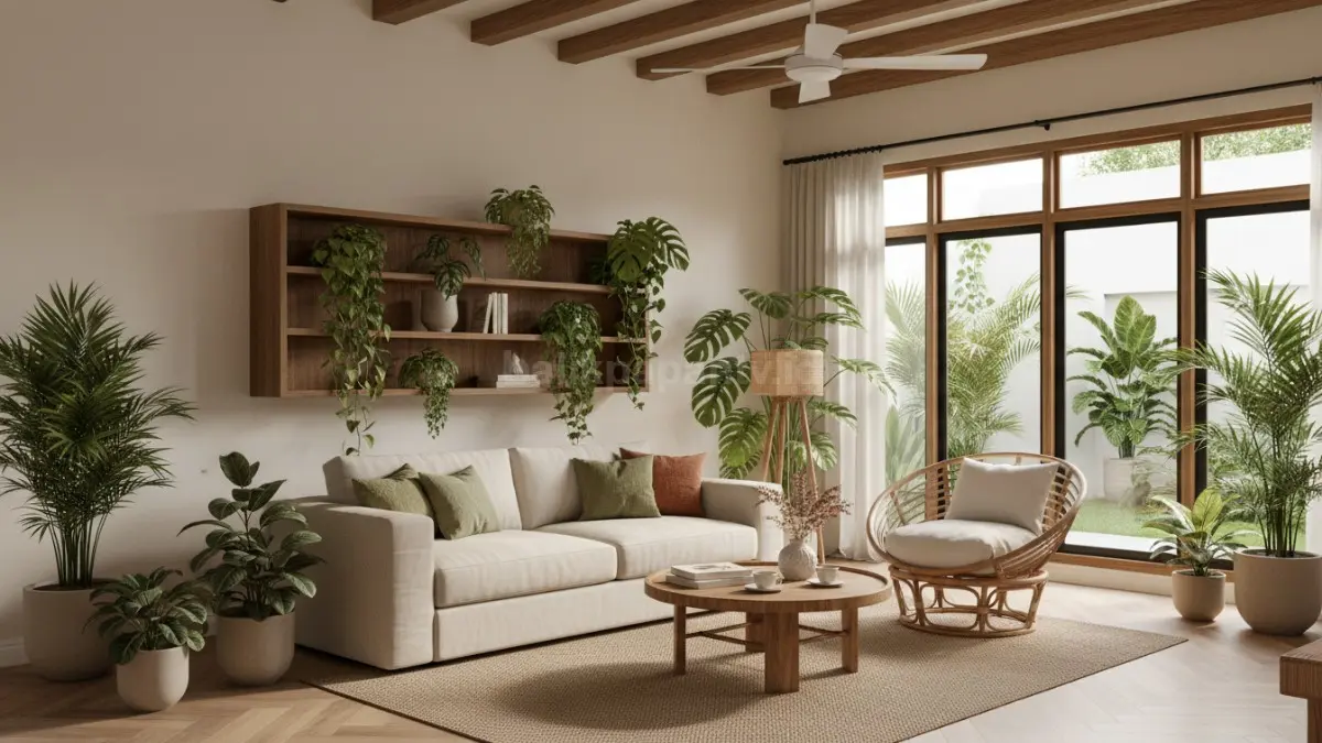 Ruang tamu minimalis dengan indoor plant tropis dan material kayu natural terasa adem serta estetik (BTV/Ai)