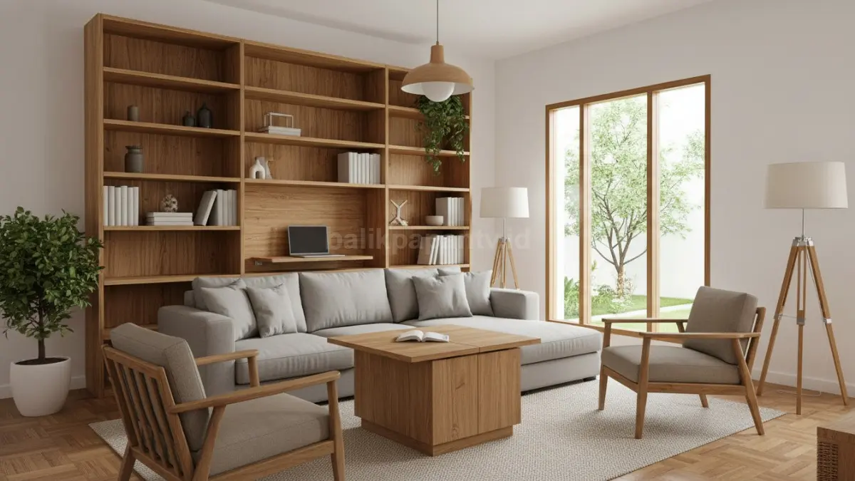 Ruang tamu rumah minimalis modern dengan furniture multifungsi dan nuansa kayu natural hangat (BTV/Ai)