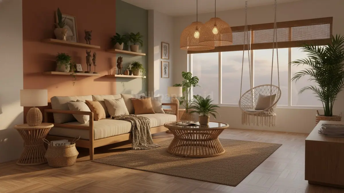 Ruang tamu sustainable home decor dengan kayu alami dan lampu hangat bikin rumah terasa nyaman (BTV/Ai)
