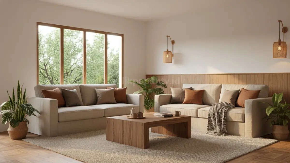 Ruang tamu warm minimalist dengan sofa linen dan pencahayaan hangat modern (BTV/Ai)