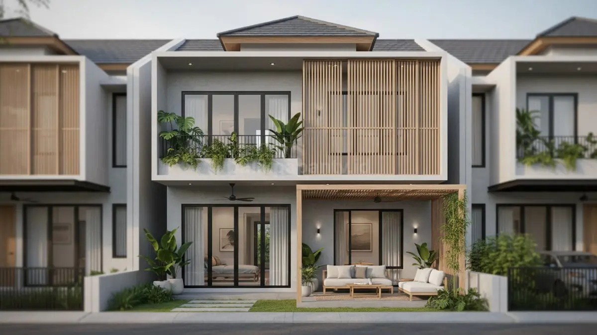 Rumah Japandi tropis modern dengan dominasi kayu natural dan cahaya alami yang terasa adem serta premium.. (BTV/Ai)