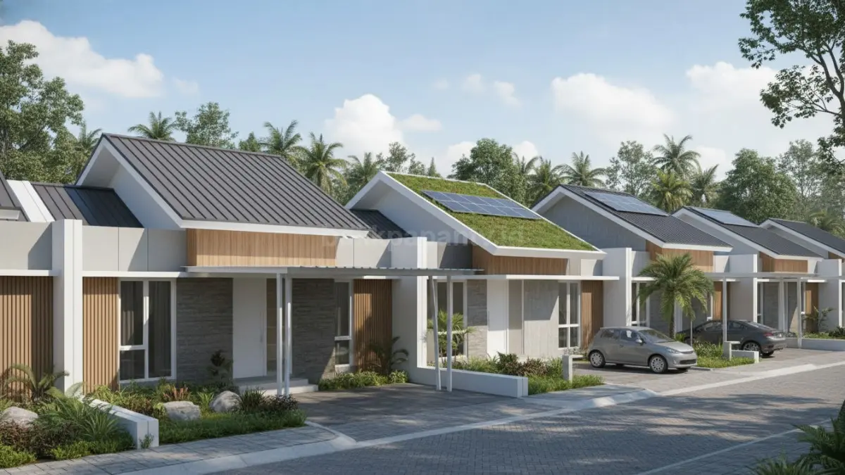 Rumah modern minimalis dengan atap miring elegan dan nuansa tropis hangat bikin fasad tampil premium. (BTV/Ai)