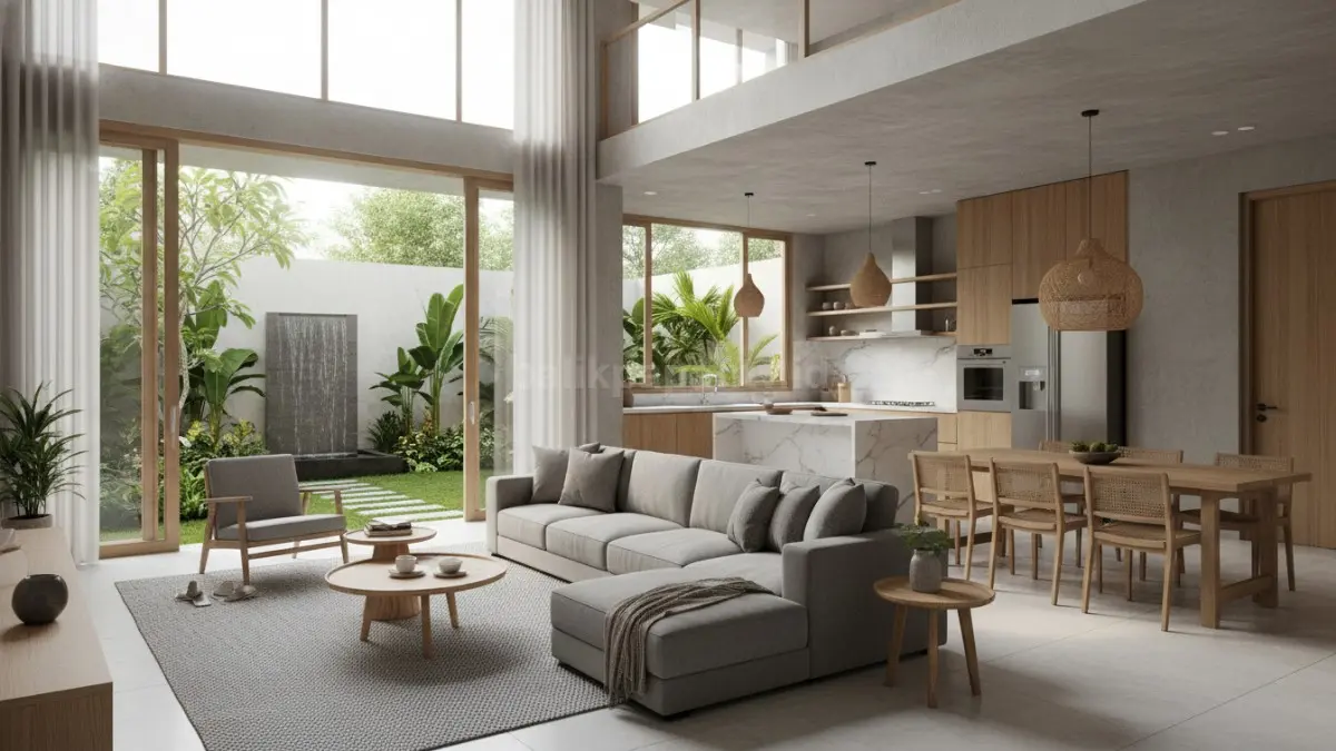 Rumah open space modern dengan ruang tamu dan dapur menyatu terlihat luas dan terang. (BTV/Ai)