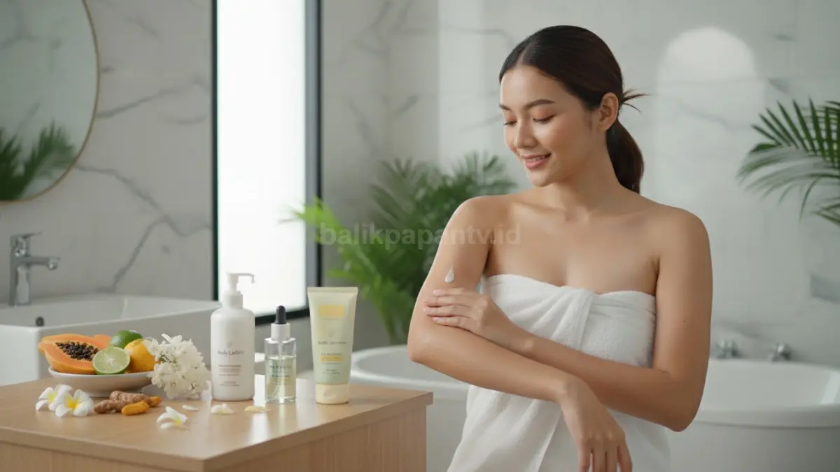 Rutinitas perawatan kulit badan cerah dengan body lotion, sunscreen, dan body serum harian.