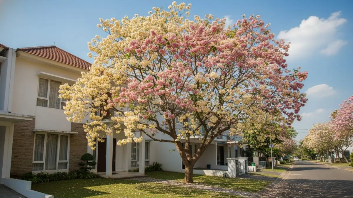 Tabebuya berbunga lebat menyerupai sakura tropis, menghadirkan teduh indah sekaligus mempercantik halaman rumah setiap musim panas.
