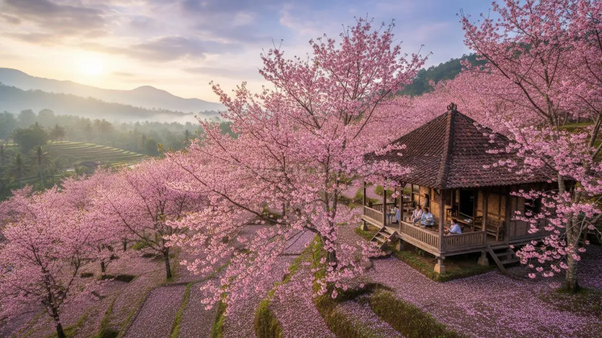 Taiwan Cherry berbunga merah muda cerah, mempercantik halaman rumah dataran tinggi terasa sejuk dan alami.
