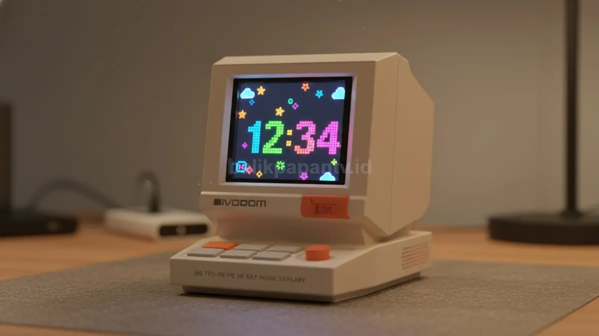 Tampilan layar pixel art Divoom MiniToo dengan animasi jam digital warna-warni. (BTV/Ai)