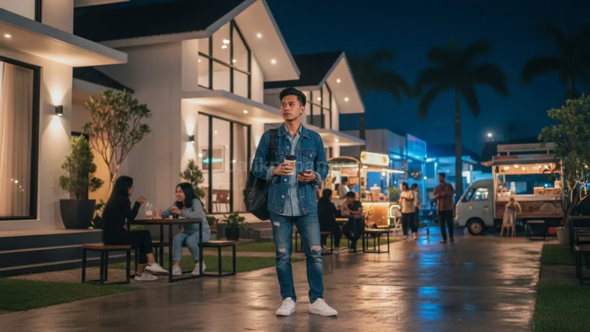 Anak muda memakai outfit denim on denim santai di kawasan nongkrong malam Balikpapan dengan gaya modern kasual
