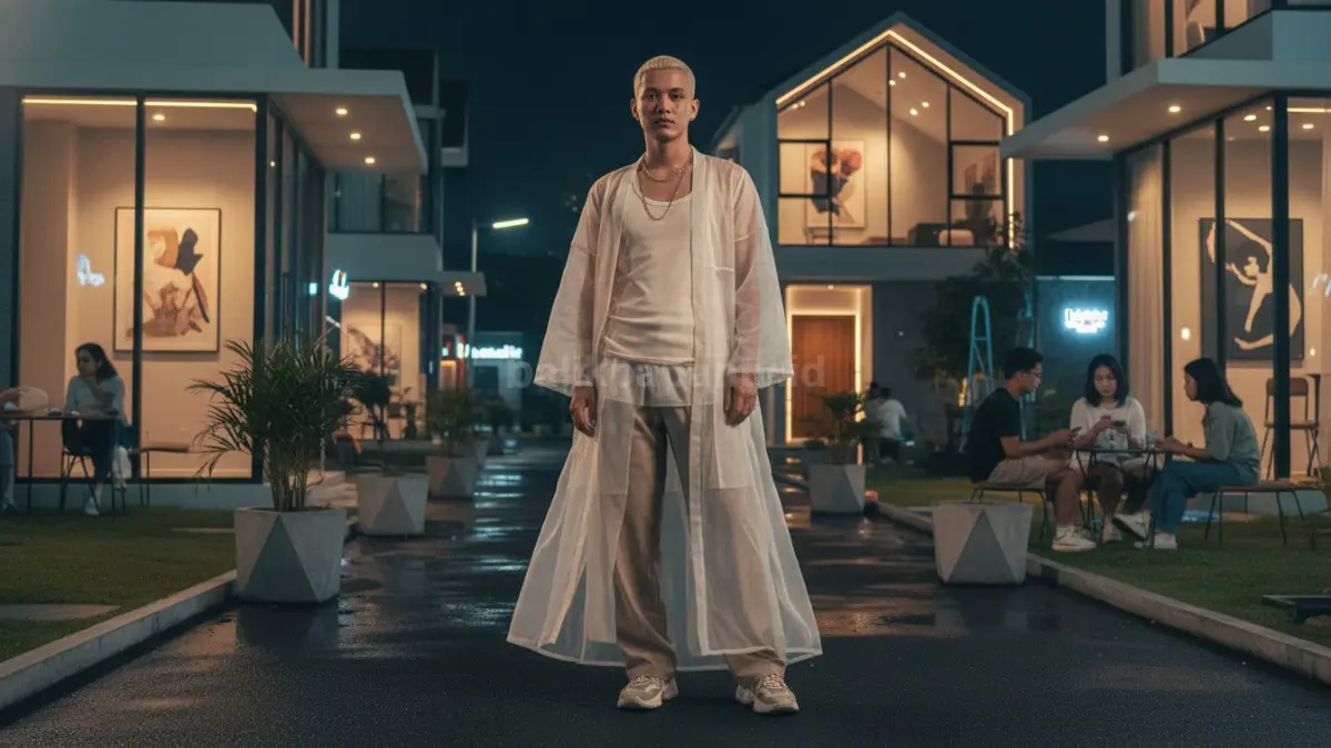 Anak muda memakai outfit sheer layering tipis warna netral di kawasan nongkrong malam Balikpapan
