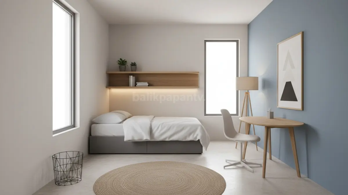 Area kamar kos minimalis dengan kasur sudut supaya ruang terasa luas dan rapi
