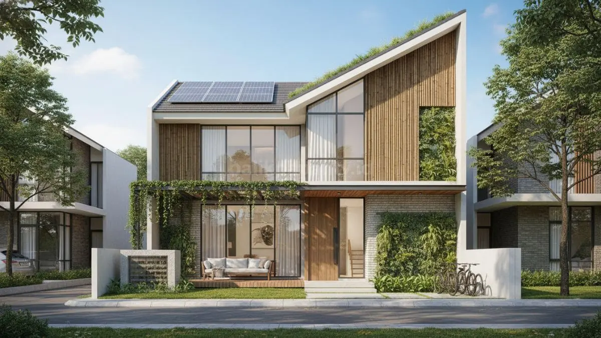 Bangunan tropis modern dengan panel surya dan desain hemat energi di kawasan perkotaan Indonesia. 9BTV/Ai)