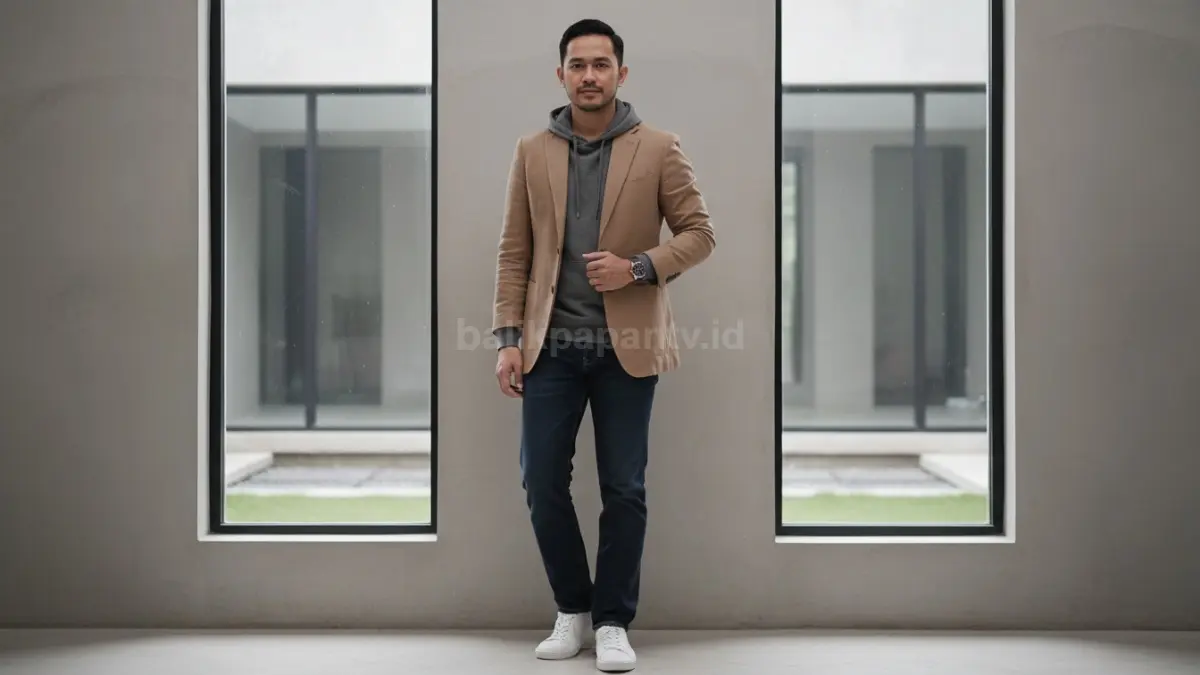 Basic hoodie dipadukan blazer memberi tampilan smart-casual yang rapi dan ringan
