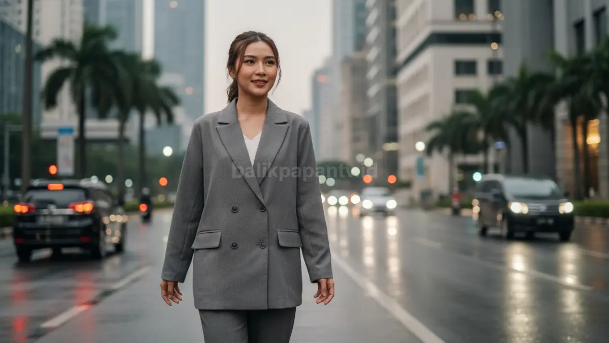 Blazer abu hangat double button tampil formal modern dengan siluet longgar yang tetap proporsional elegan.
