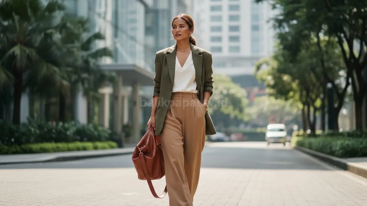 Blazer oversized olive earth tone menghadirkan tampilan officewear hangat modern yang cocok untuk kulit Asia.
