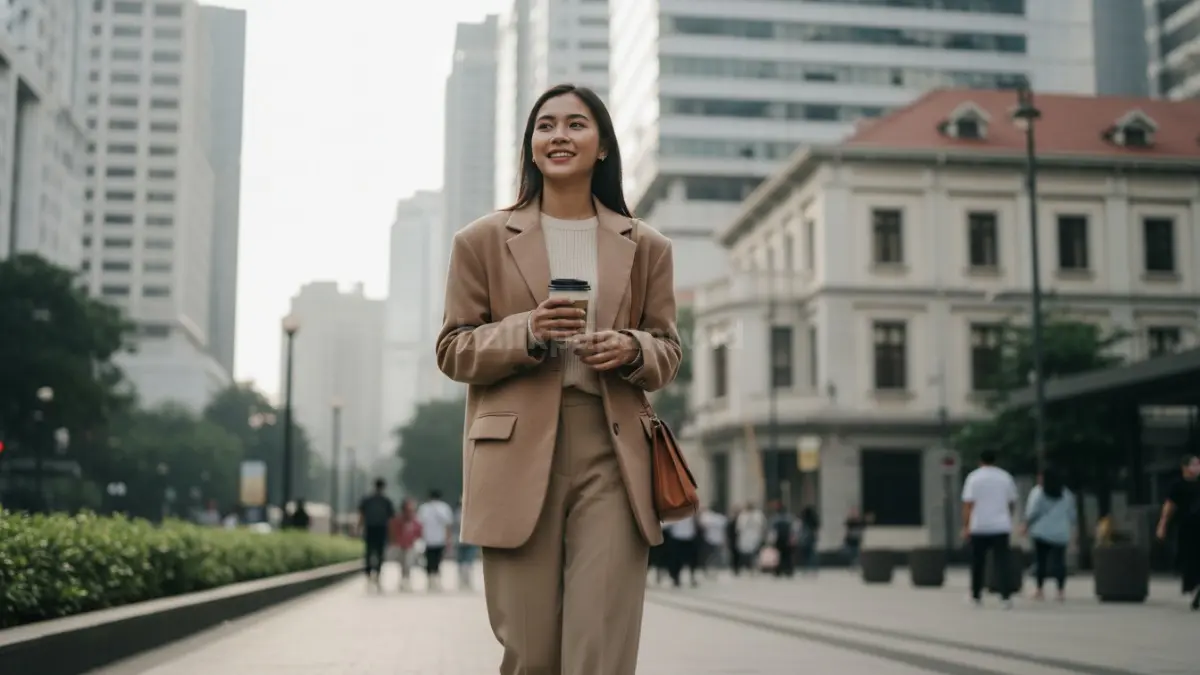 Blazer oversized warna netral hangat menjadi pilihan officewear modern pekerja urban bergaya praktis dan elegan.
