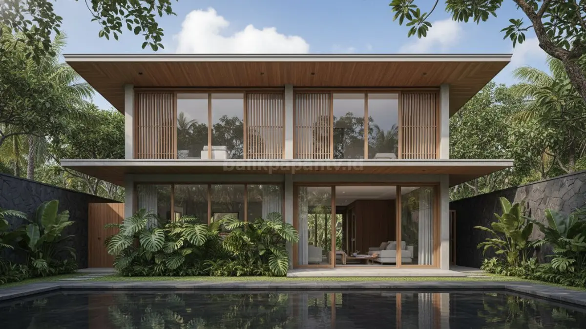 Desain rumah tropis modern dengan ventilasi silang dan tanaman peneduh agar rumah terasa adem alami
