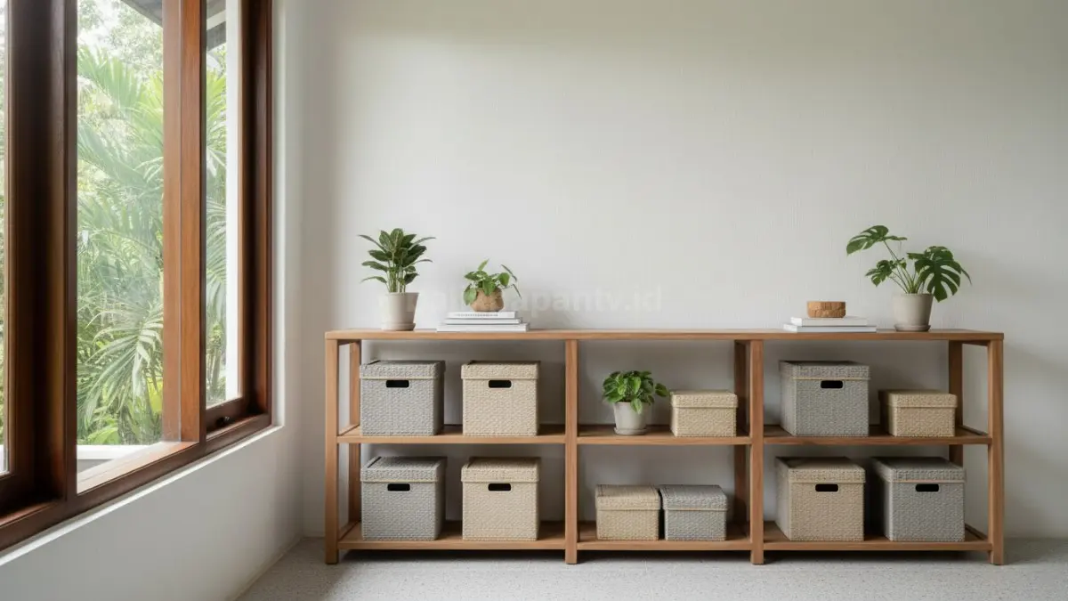 Ide dan inspirasi penyimpanan modern, maksimalisasi ruang, rapi, fungsional, estetis, buat rumah lebih efektif. (BTV/AI)