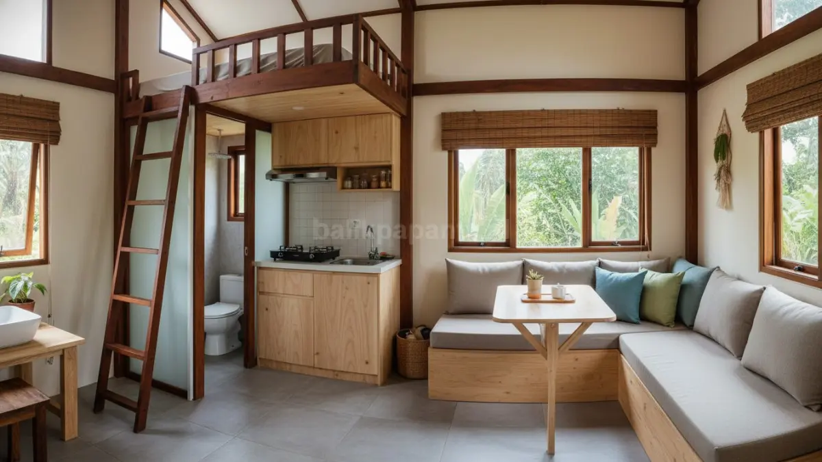 Ilustrasi Tiny house modern memaksimalkan lahan sempit dengan ruang multifungsi praktis untuk gaya hidup urban hemat. (BTV/AI)