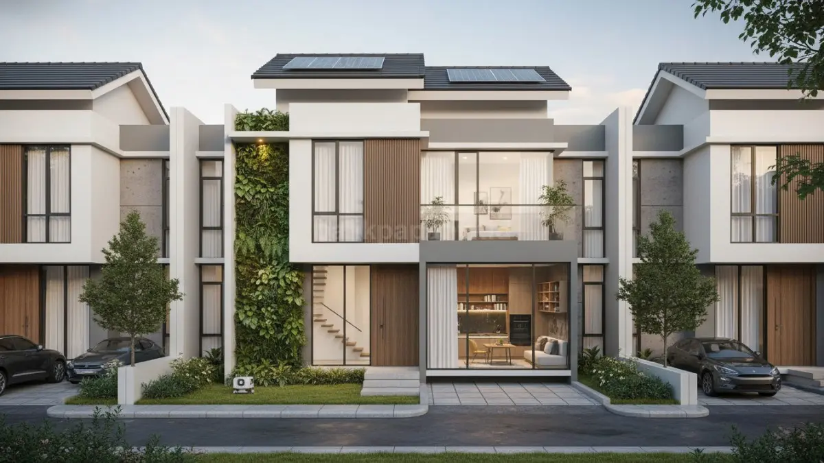 Ilustrasi tren arsitektur rumah 2026 modern hemat ruang dengan konsep smart home. (BTV/Ai)