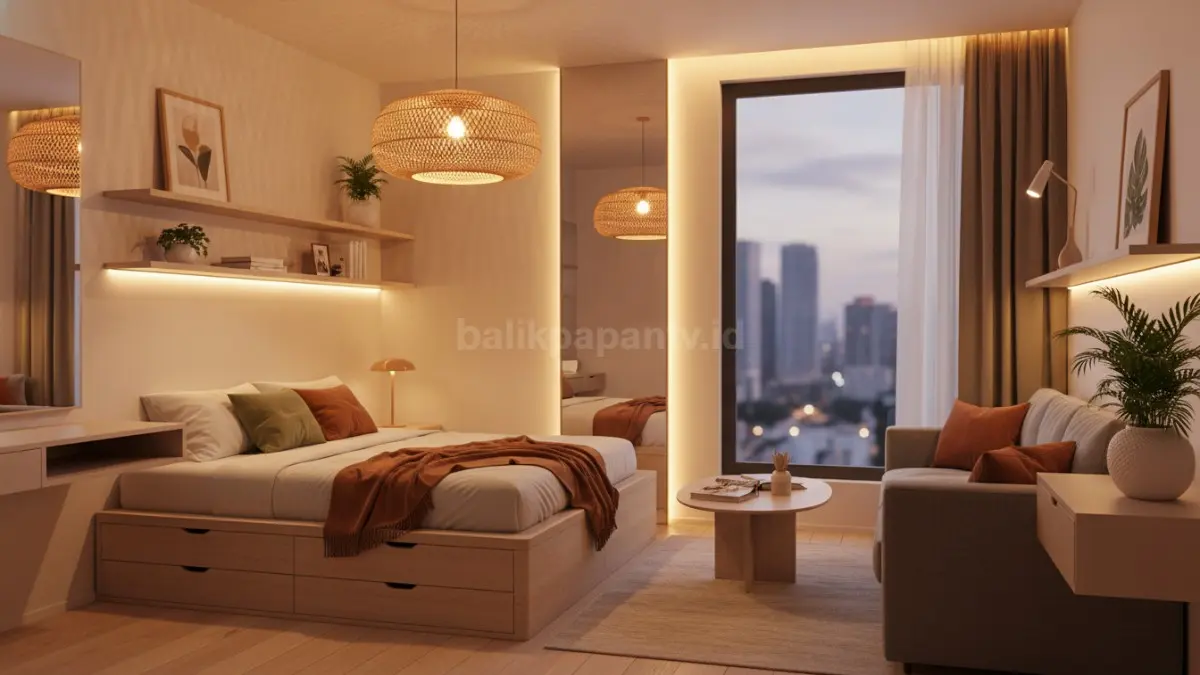 Inspirasi kamar modern kecil dengan lampu hangat dan furnitur multifungsi yang nyaman dipakai
