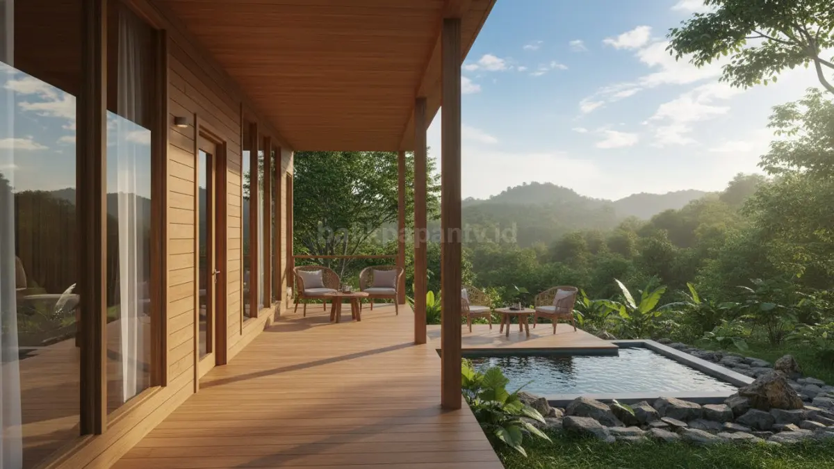 Kabin modular natural modern dengan kayu terang dan jendela besar menciptakan ruang kecil terasa lebih luas.
