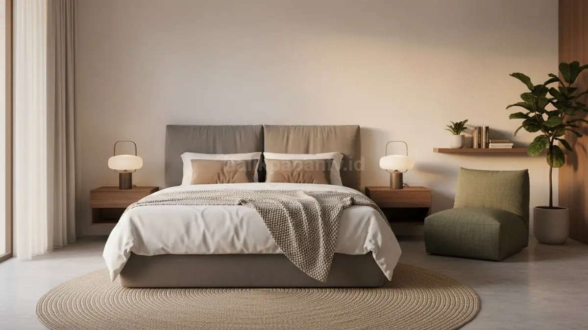 Kamar tidur minimalis modern dengan pencahayaan hangat dan suasana nyaman untuk istirahat
