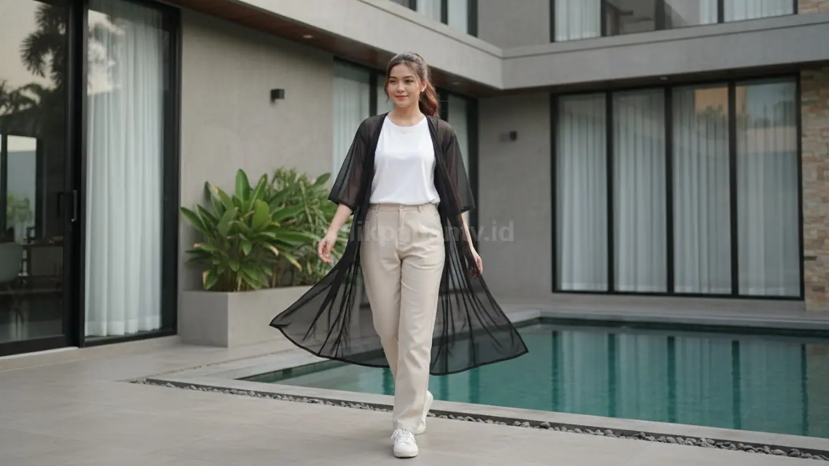 Kombinasi outer sheer hitam dan inner putih polos untuk gaya santai modern anak muda
