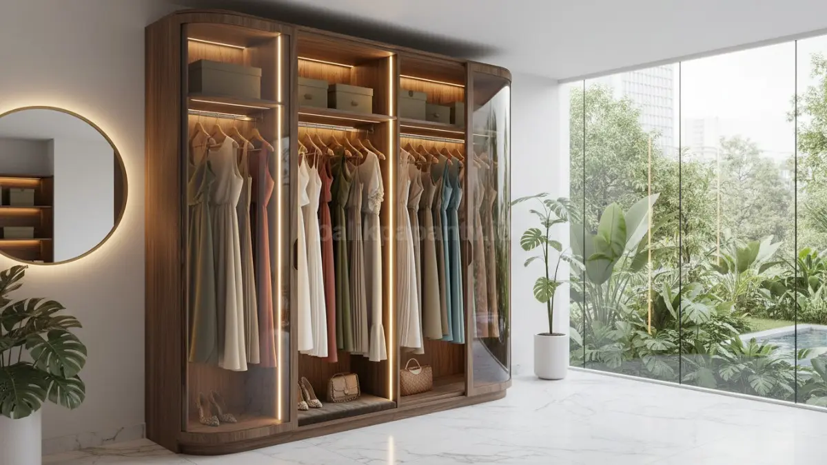 Lampu LED warm white dalam lemari menciptakan suasana butik fashion premium

