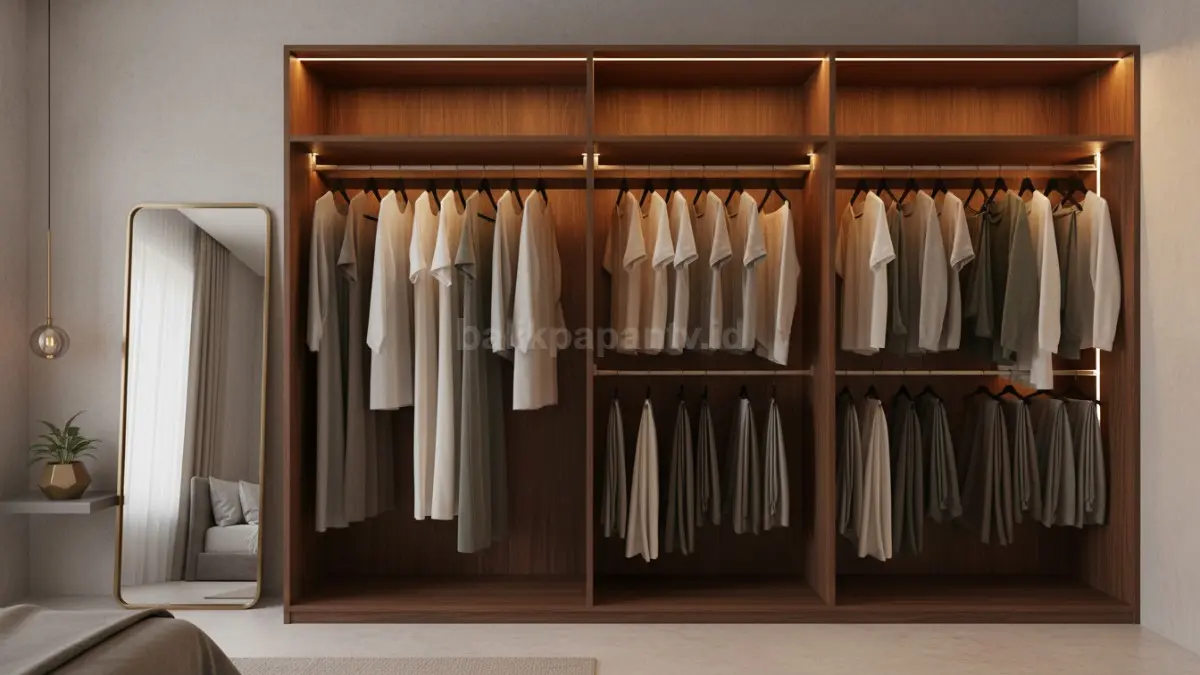 Lemari pakaian minimalis dengan hanger seragam dan lampu hangat ala butik modern tahun 2026
