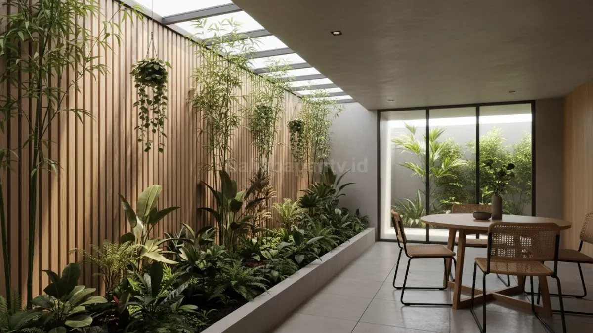 Linear indoor garden dekat ruang makan menghadirkan pencahayaan alami fokus untuk tanaman dan interior modern.
