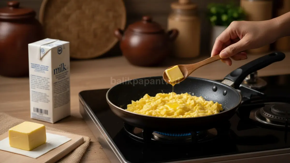 Mentega membantu menjaga tekstur telur orak-arik tetap lembut, creamy, dan gurih tanpa berair berlebihan. (BTV/AI)