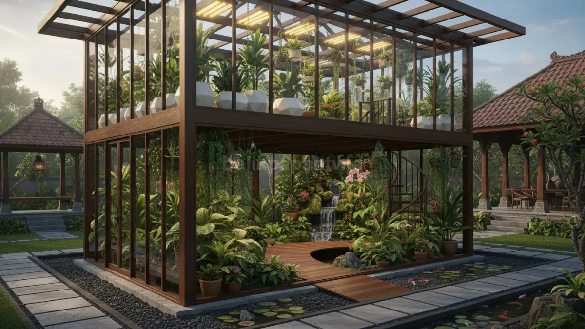 Mini greenhouse dua lantai menghadirkan taman indoor modern dengan nuansa hijau alami dan pencahayaan maksimal.
