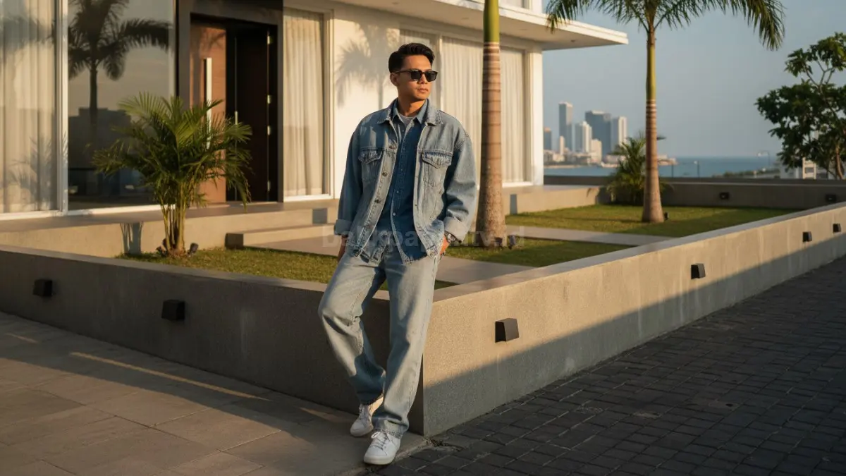 Outfit denim on denim oversized cocok dipakai nongkrong sore di kota panas seperti Balikpapan
