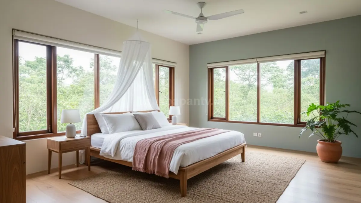 Penataan kamar tidur sederhana dengan warna lembut dan ventilasi alami yang bikin rileks
